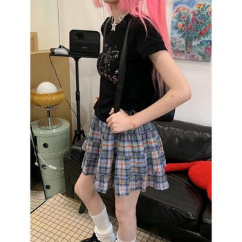 Карирана пола Deeptown Дамска мини пола Японски стил Къси поли с волани Сладко улично облекло Vintage Harajuku Preppy Skirt
