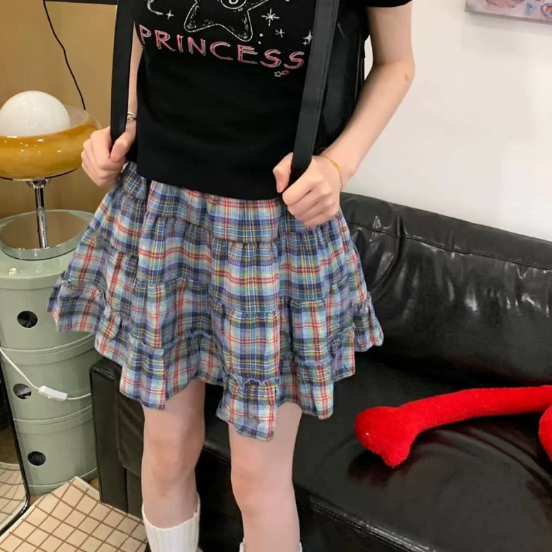 Deeptown kockás szoknya női mini szoknya Japán stílusú fodros réteges rövid szoknyák Aranyos utcai viselet Vintage Harajuku Preppy szoknya