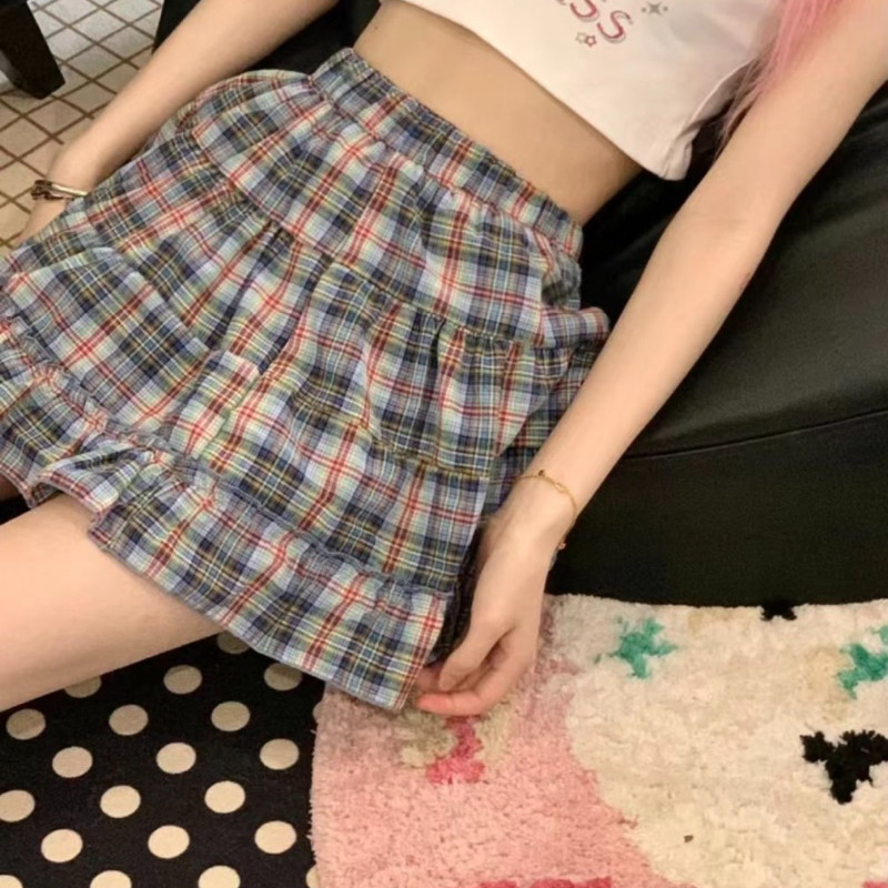 Deeptown kockás szoknya női mini szoknya Japán stílusú fodros réteges rövid szoknyák Aranyos utcai viselet Vintage Harajuku Preppy szoknya