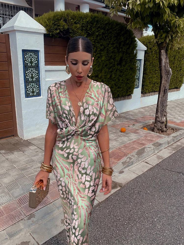 Vintage nyomtatott csavart, csomózott midi ruha női divatos V nyakú, pagoda ujjú Bodycon ruhák 2024 nyári női ingázási köntösök