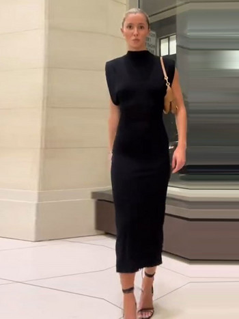Модни черни тънки миди рокли с О-образно деколте Дамски 2023 г. Секси рокля без ръкави по тялото, елегантни облекла за офис дами Streetwear