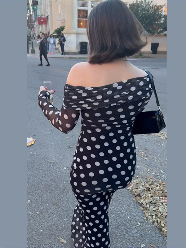 Szexi pöttyös ruhák nőknek váll nélkül hálós patchwork partiruha, hosszú ujjú, dörzsölt Vestidos Summer Lady elegáns köntösök