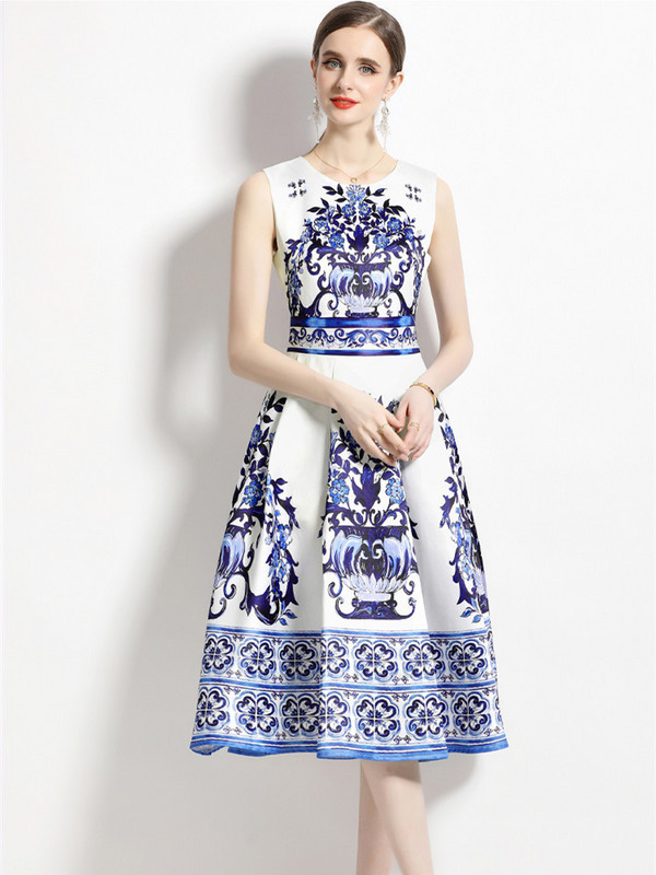 Nyári Vintage kék-fehér porcelán ruhák női ujjatlan O nyakú tartály virágmintás mellény Midi hosszú parti Vestidos