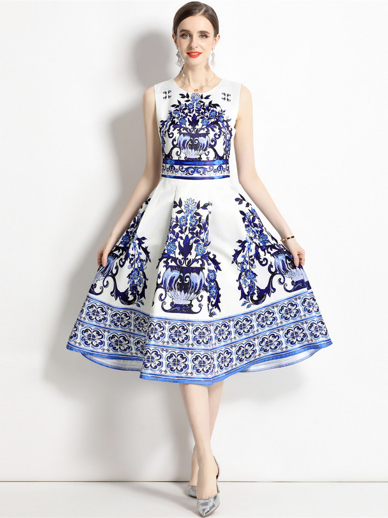 Nyári Vintage kék-fehér porcelán ruhák női ujjatlan O nyakú tartály virágmintás mellény Midi hosszú parti Vestidos