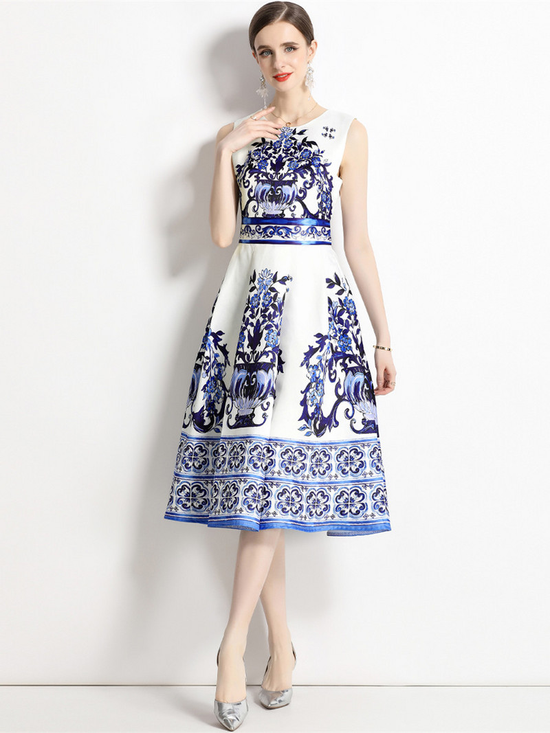 Nyári Vintage kék-fehér porcelán ruhák női ujjatlan O nyakú tartály virágmintás mellény Midi hosszú parti Vestidos