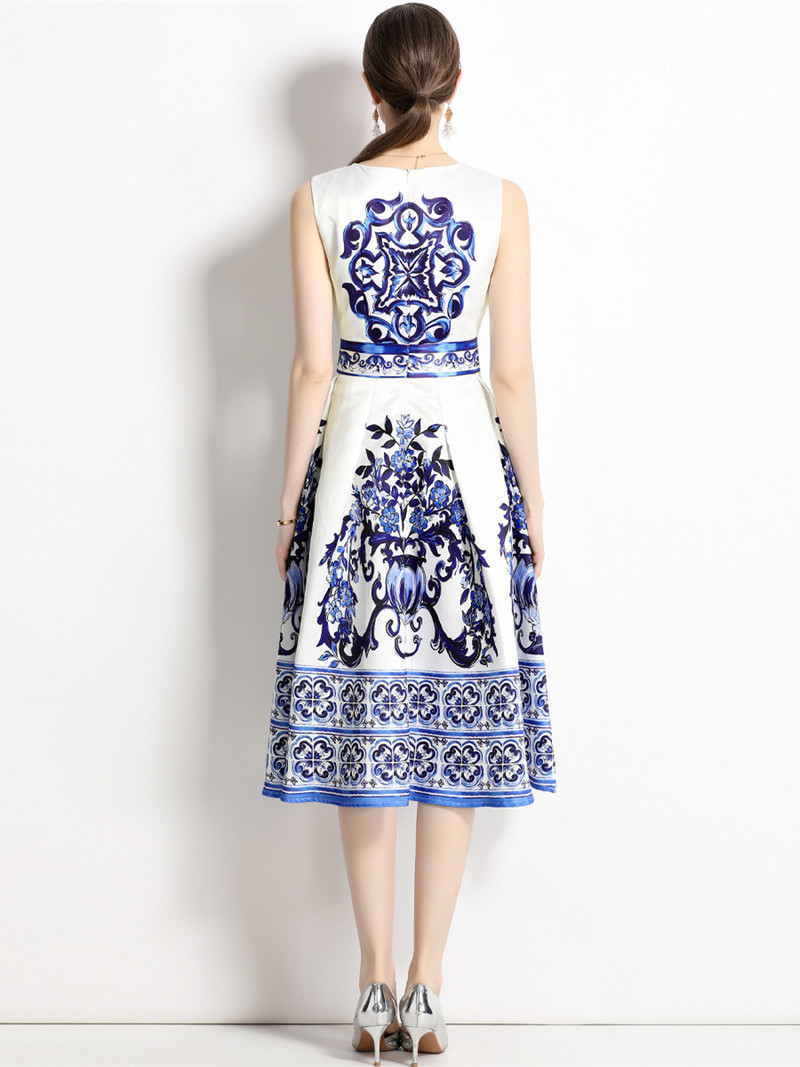 Nyári Vintage kék-fehér porcelán ruhák női ujjatlan O nyakú tartály virágmintás mellény Midi hosszú parti Vestidos