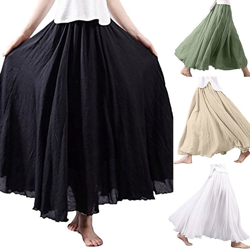 Nyári elegáns női lenvászon Boho bő hosszú szoknya friss és természetzöld bohém stílusú lengőszegély szoknyák ünnepi viselet 2024