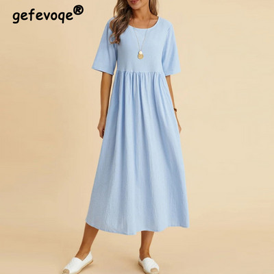 Női Vintage pamut lenvászon légáteresztő Midi ruha Y2K nyári divatos fél ujjú masszív alkalmi ruhák magas derekú, elegáns Vestidos