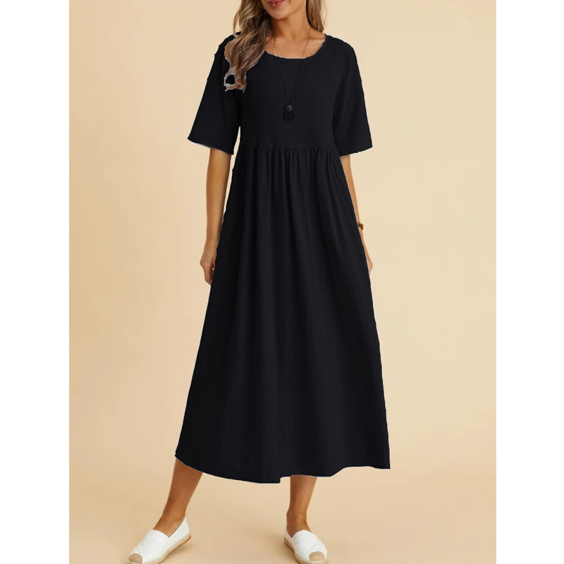 Női Vintage pamut lenvászon légáteresztő Midi ruha Y2K nyári divatos fél ujjú masszív alkalmi ruhák magas derekú, elegáns Vestidos