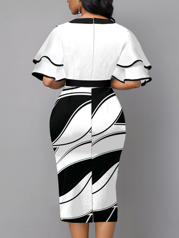 Női ruhák virágos masni díszítéssel és lótuszlevél ujjú munkaruha irodai ruha Lady Vestidos De Mujer Elegáns midi köntös női