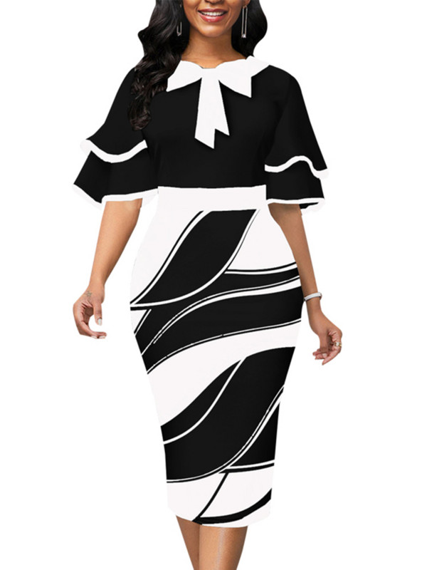 Női ruhák virágos masni díszítéssel és lótuszlevél ujjú munkaruha irodai ruha Lady Vestidos De Mujer Elegáns midi köntös női