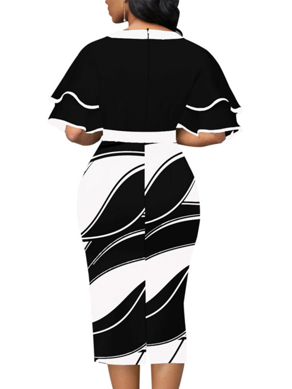 Női ruhák virágos masni díszítéssel és lótuszlevél ujjú munkaruha irodai ruha Lady Vestidos De Mujer Elegáns midi köntös női