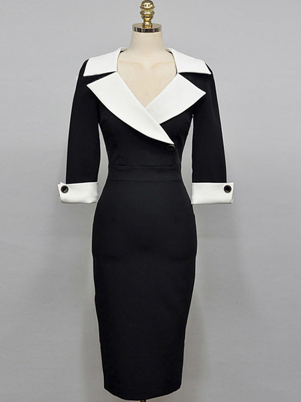 Új divat Elegáns irodai női női ruha szexi, retro, alkalmi lehajtható gallér, fekete formális, karcsú midi party ceruza Femme Vestido