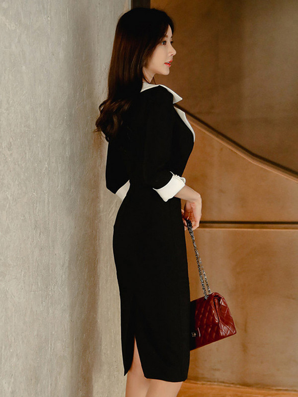Új divat Elegáns irodai női női ruha szexi, retro, alkalmi lehajtható gallér, fekete formális, karcsú midi party ceruza Femme Vestido