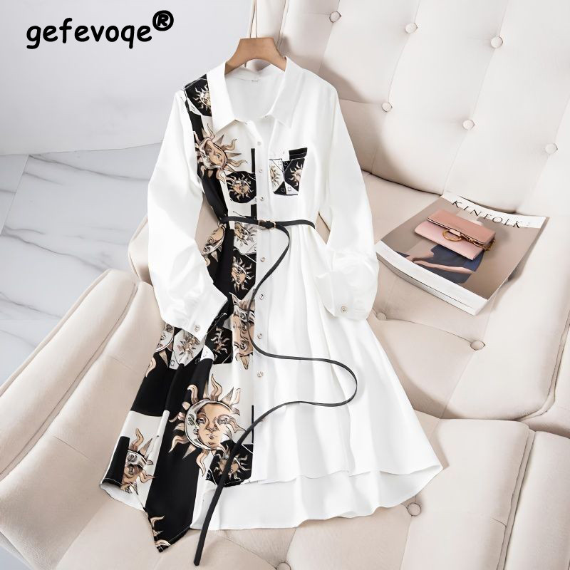 Női koreai divatmintás, hosszú ujjú, vintage, elegáns öves ingruhák, üzleti alkalmi irodai női rendhagyó midi ruha, ropa