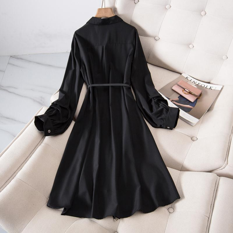 Női koreai divatmintás, hosszú ujjú, vintage, elegáns öves ingruhák, üzleti alkalmi irodai női rendhagyó midi ruha, ropa