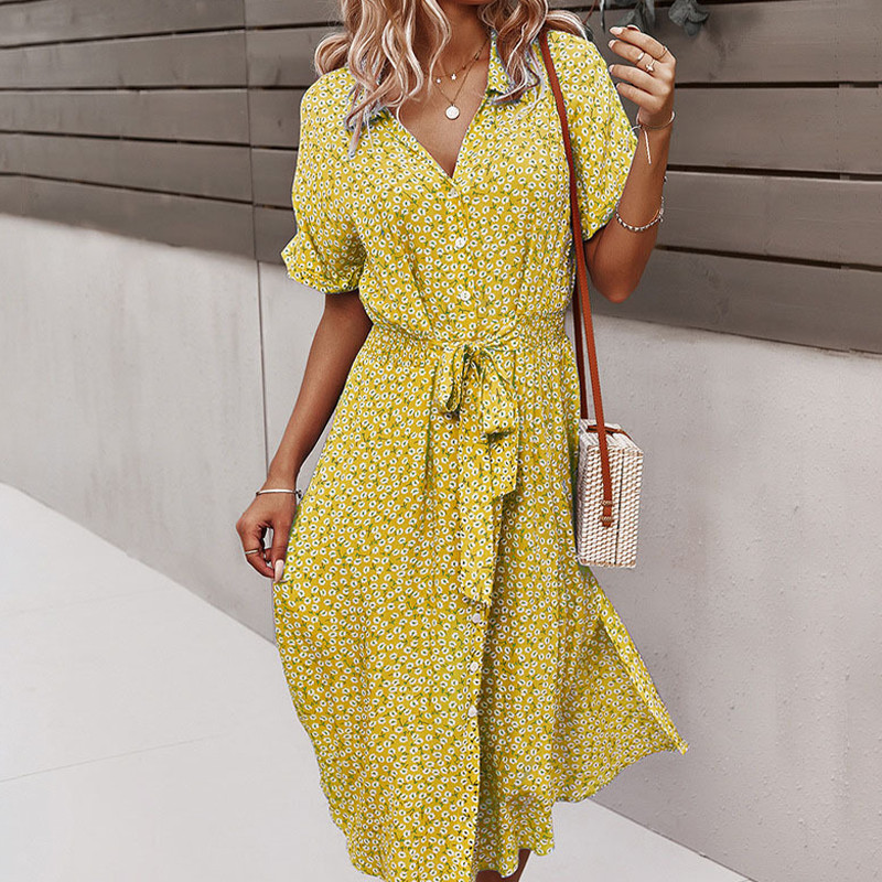 2023-as női ruha virágos nyári alkalmi rövid ujjú, gombos ünnepi midi ruha, női V nyakú, tengerparti boho elegáns ruha, elegáns köntös