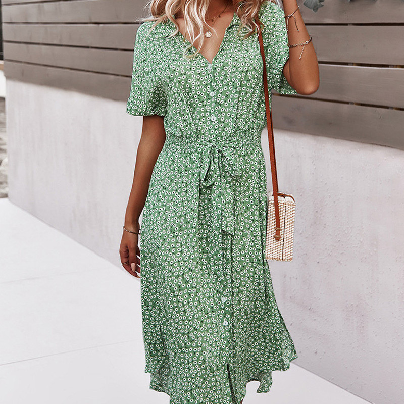2023-as női ruha virágos nyári alkalmi rövid ujjú, gombos ünnepi midi ruha, női V nyakú, tengerparti boho elegáns ruha, elegáns köntös