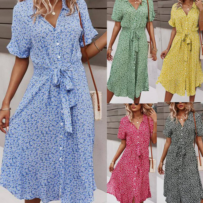 2023-as női ruha virágos nyári alkalmi rövid ujjú, gombos ünnepi midi ruha, női V nyakú, tengerparti boho elegáns ruha, elegáns köntös