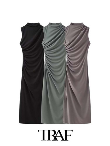 TRAF 2023 Дамска рокля Модна нова плисирана ежедневна миди яка без ръкави Тънка и минималистична рокля Дамска женска рокля