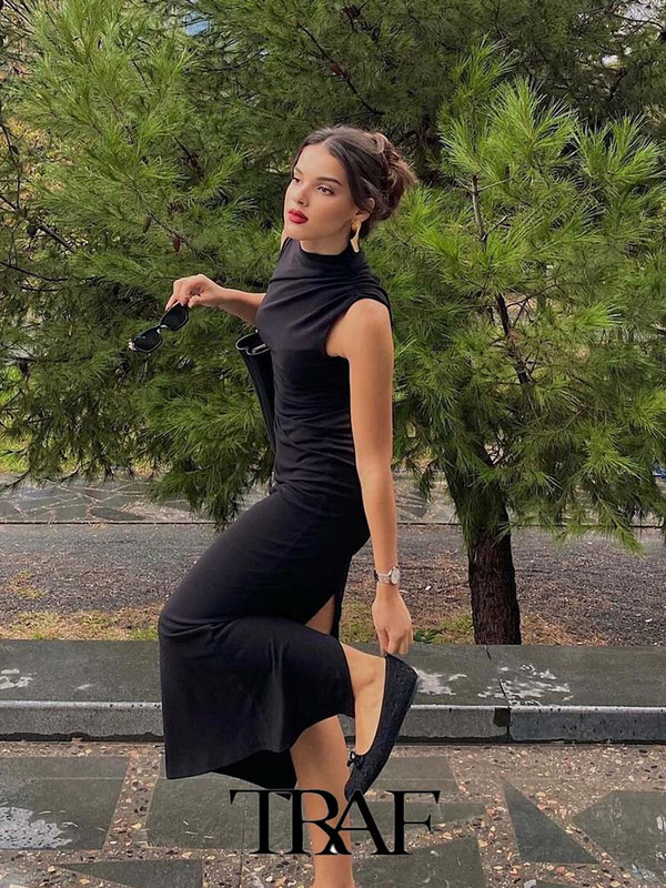 TRAF 2023 női ruha, divatos, új, redőzött, alkalmi Midi gallérral, ujjatlan vékony és minimalista női ruha