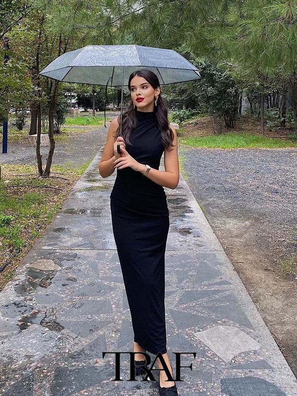 TRAF 2023 női ruha, divatos, új, redőzött, alkalmi Midi gallérral, ujjatlan vékony és minimalista női ruha