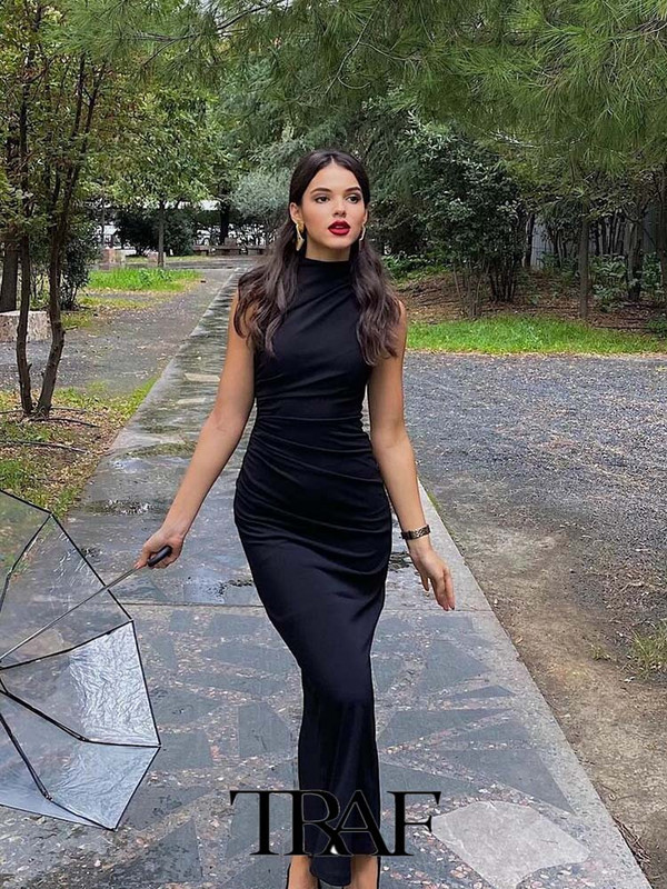 TRAF 2023 női ruha, divatos, új, redőzött, alkalmi Midi gallérral, ujjatlan vékony és minimalista női ruha