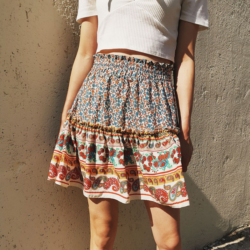 Nyári új virágmintás Boho Beach bő rövid szoknya női 2023 divat fodrok alkalmi ünnepi bő szoknya Utcai ruha Édes