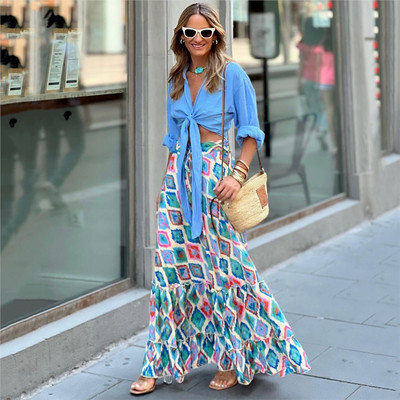 Boho femei fuste lungi florale vară toamnă lejeră casual fustă modă talie elastică tiv mare fustă lungă de plajă haine pentru femei