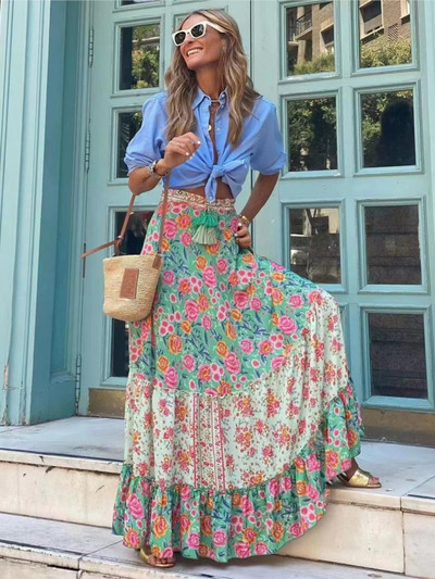 Boho Γυναικείες μακριές φλοράλ φούστες Καλοκαιρινό φθινόπωρο χαλαρή casual φούστα Μόδα ελαστική μέση Μεγάλο στρίφωμα μακριά παραλία γυναικεία ρούχα