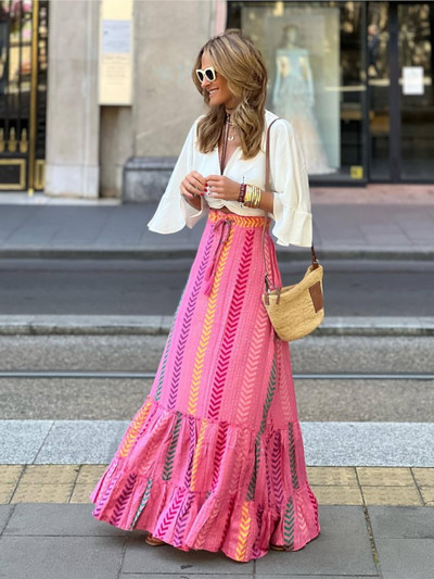 Boho Γυναικείες μακριές φλοράλ φούστες Καλοκαιρινό φθινόπωρο χαλαρή casual φούστα Μόδα ελαστική μέση Μεγάλο στρίφωμα μακριά παραλία γυναικεία ρούχα