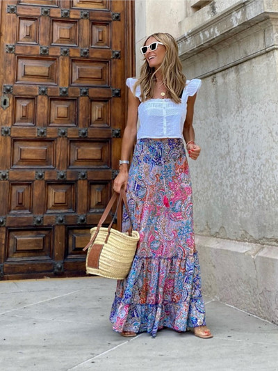 Boho Γυναικείες μακριές φλοράλ φούστες Καλοκαιρινό φθινόπωρο χαλαρή casual φούστα Μόδα ελαστική μέση Μεγάλο στρίφωμα μακριά παραλία γυναικεία ρούχα