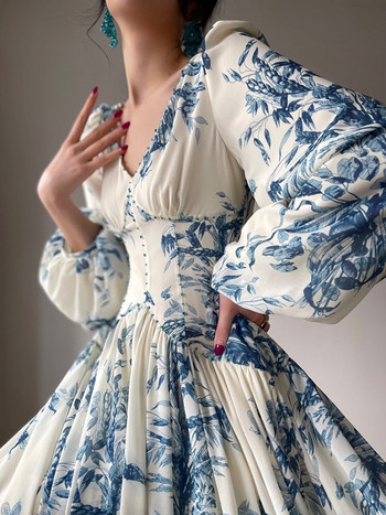 Френски винтидж миди рокли с флорален принт за жени, ново лято 2023 г., елегантни партита, V-образно деколте, фенер с ръкав, ежедневни дамски дрехи