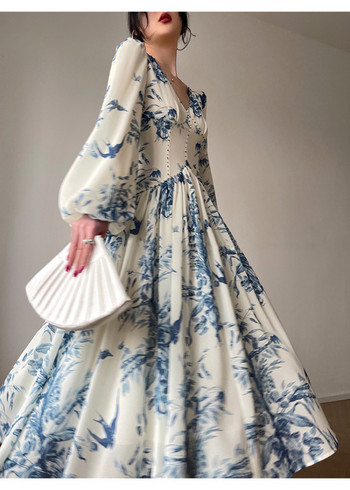 Френски винтидж миди рокли с флорален принт за жени, ново лято 2023 г., елегантни партита, V-образно деколте, фенер с ръкав, ежедневни дамски дрехи