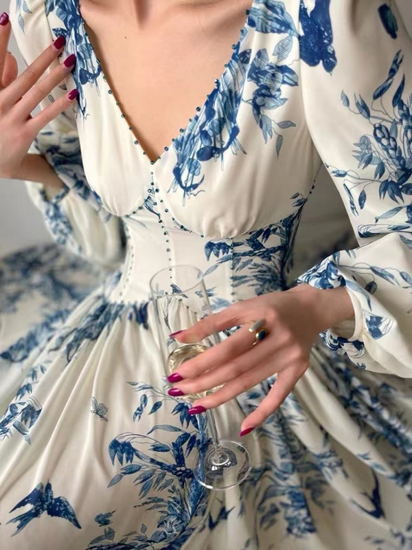 Francia vintage virágmintás midi ruhák nőknek 2023 új nyári elegáns party V-nyakú lámpás ujjú alkalmi női ruhák