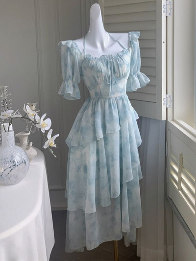 Francia sifon mintás midi ruha nőknek 2023 új nyári elegáns party kék virágos Vestidos ünnepi vintage női ruhák