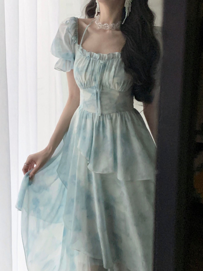 Francia sifon mintás midi ruha nőknek 2023 új nyári elegáns party kék virágos Vestidos ünnepi vintage női ruhák