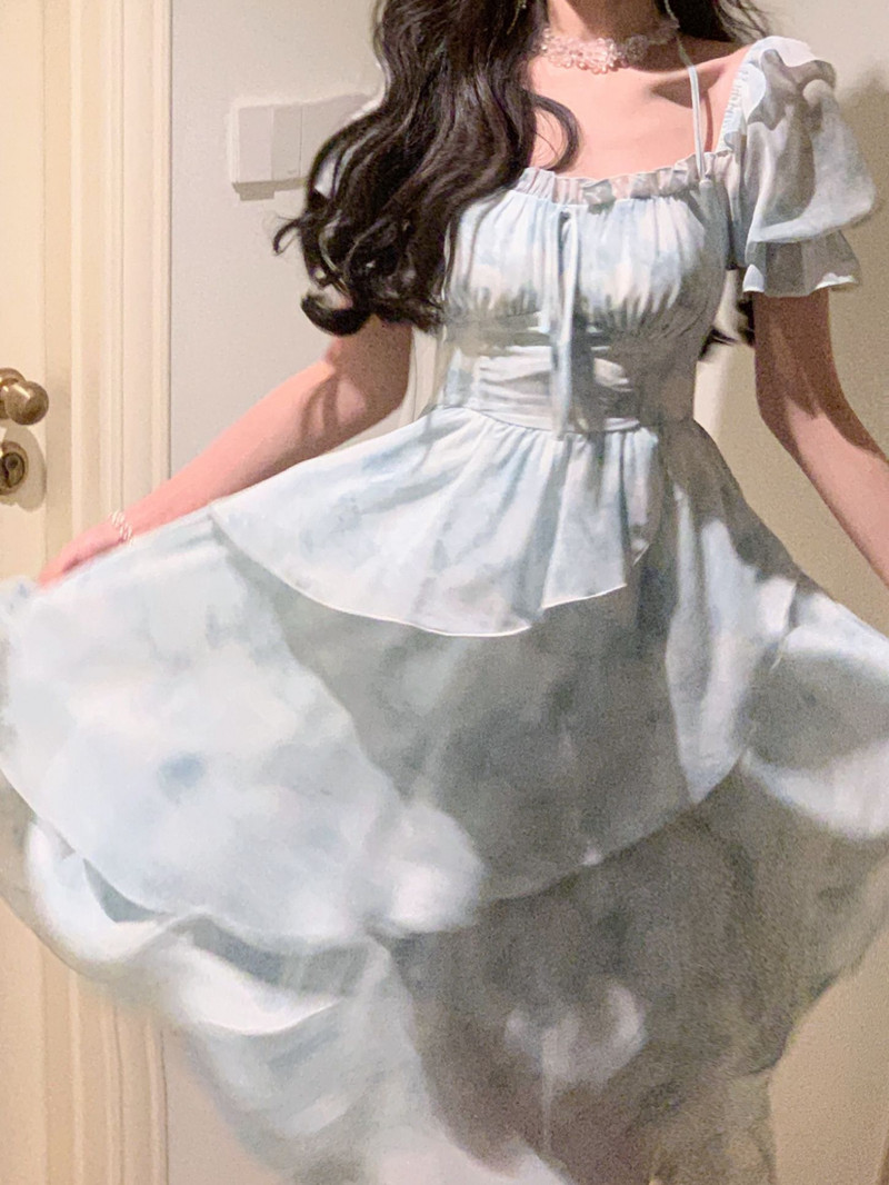 Francia sifon mintás midi ruha nőknek 2023 új nyári elegáns party kék virágos Vestidos ünnepi vintage női ruhák