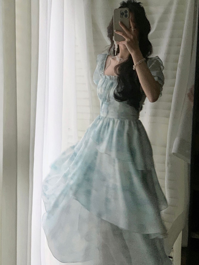 Francia sifon mintás midi ruha nőknek 2023 új nyári elegáns party kék virágos Vestidos ünnepi vintage női ruhák