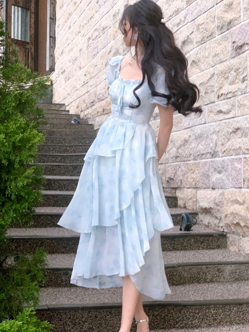 Francia sifon mintás midi ruha nőknek 2023 új nyári elegáns party kék virágos Vestidos ünnepi vintage női ruhák