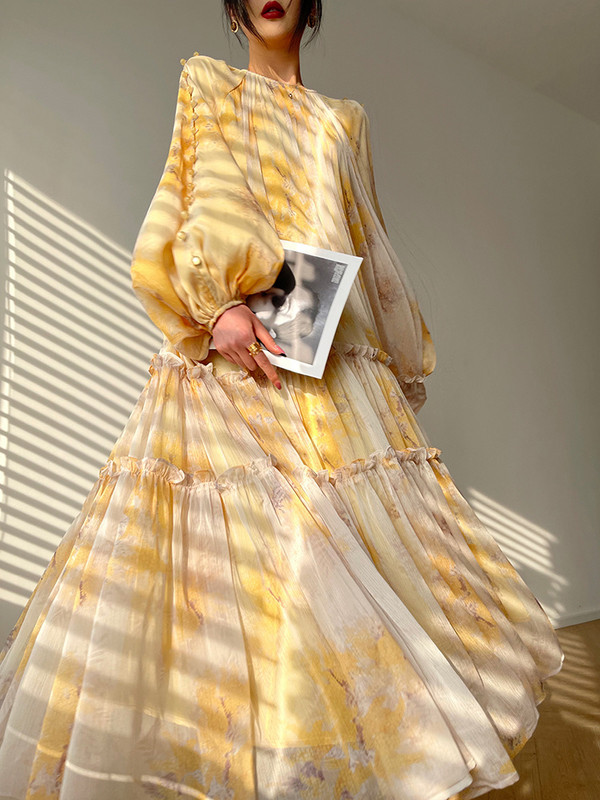 Vintage midi ruhák nőknek 2023 új nyári francia elegáns party nyomatok nagy szegéllyel bő, hosszú ujjú, édes női ruha