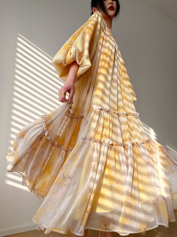 Vintage midi ruhák nőknek 2023 új nyári francia elegáns party nyomatok nagy szegéllyel bő, hosszú ujjú, édes női ruha