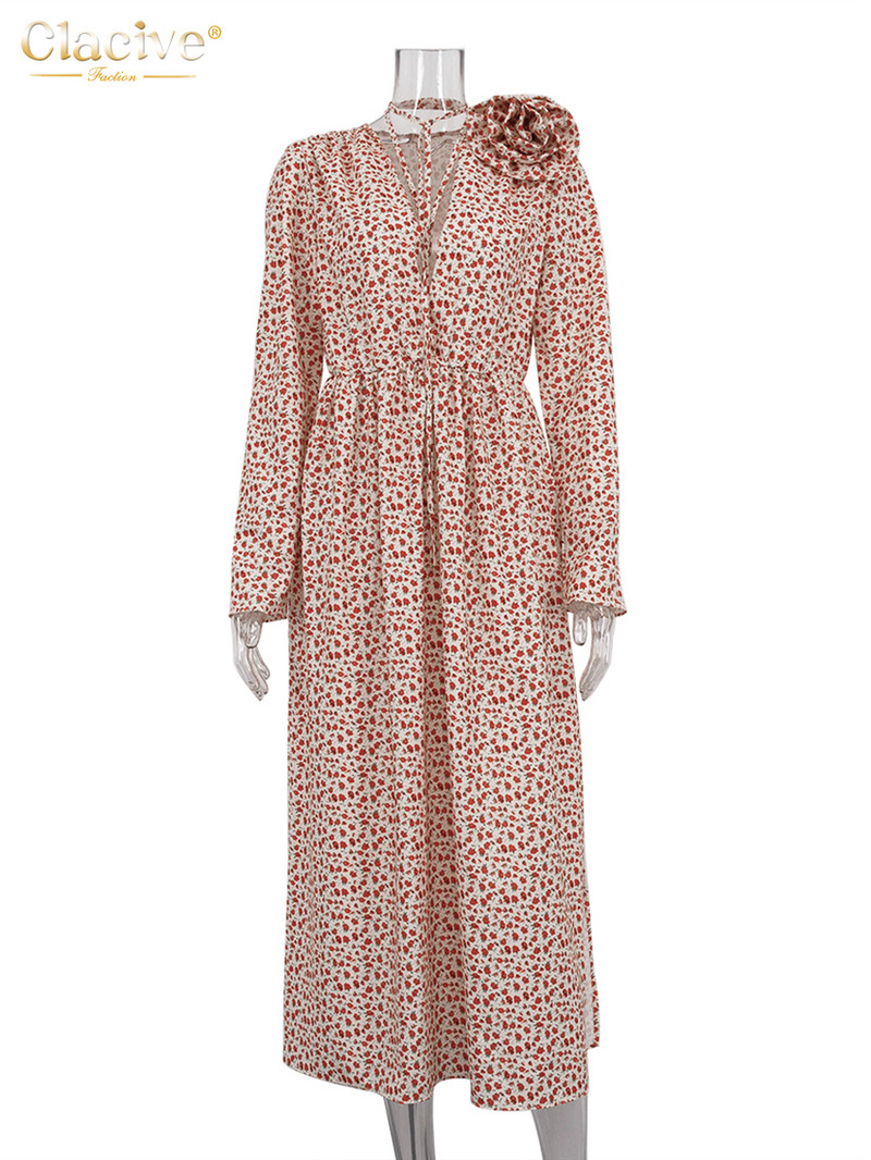 Clacive szexi bő mintás női ruha 2024 divatos, mély V-nyakú, hosszú ujjú midi ruha Elegáns, magas derekú, hasított parti ruhák