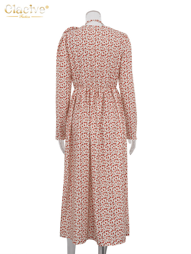 Clacive szexi bő mintás női ruha 2024 divatos, mély V-nyakú, hosszú ujjú midi ruha Elegáns, magas derekú, hasított parti ruhák