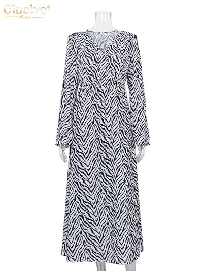 Clacive szexi V-nyakú mintás elegáns ruhák női divatos, hosszú ujjú, hasított midi ruha, női alkalmi Bodycon zebra buli ruha