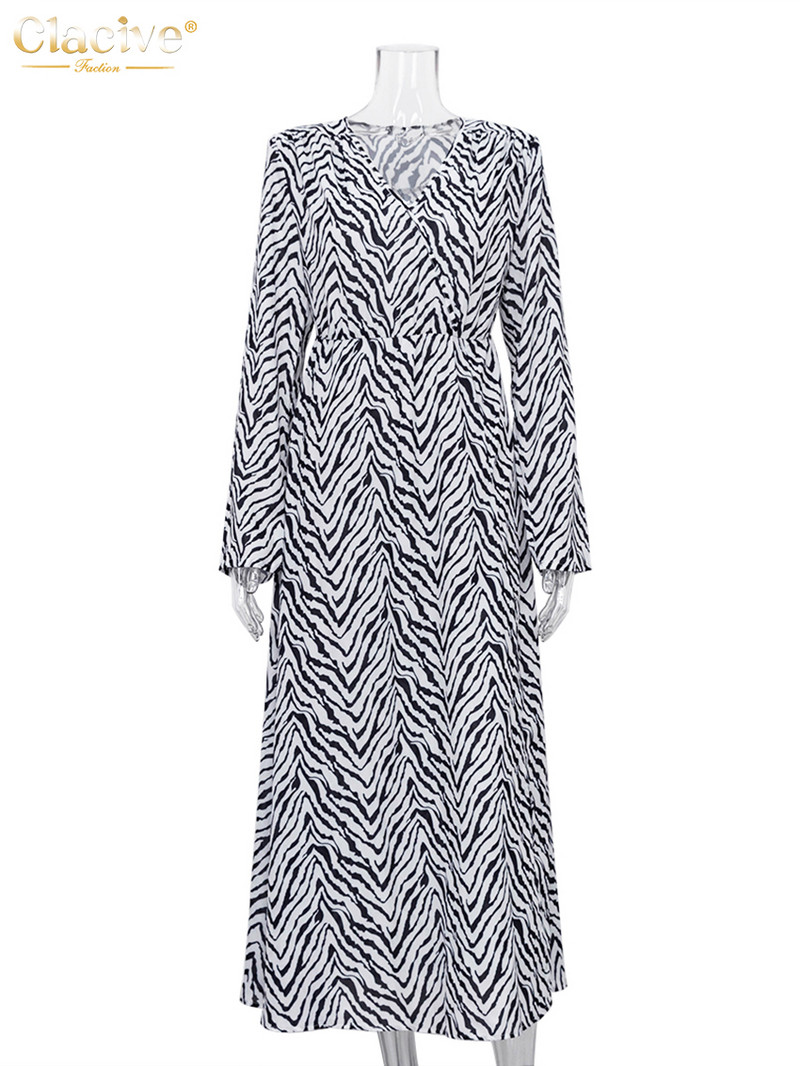 Clacive szexi V-nyakú mintás elegáns ruhák női divatos, hosszú ujjú, hasított midi ruha, női alkalmi Bodycon zebra buli ruha