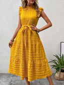 Elegáns női új nyári ruha divatos fül-szegély repülő ujjú, fűzős irodai női midi ruhák női köntös Femme Vestidos