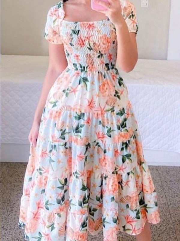 Szexi vállra húzott virágmintás midi ruha, női tavaszi nyár divat, elegáns, ívelt nyakú, rövid ujjú női ruhák 2023