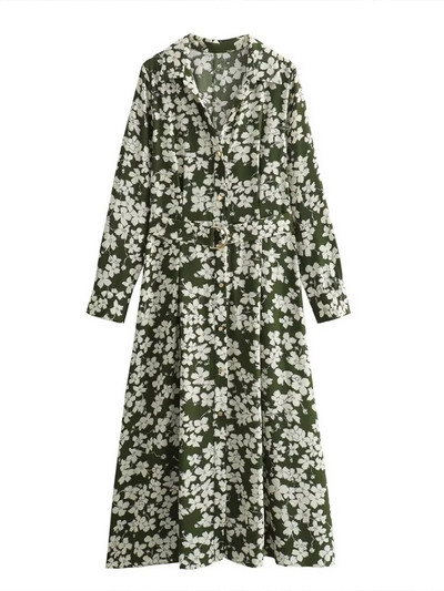 ZaracosHm2024 tavaszi új női hajtóka hosszú ujjú derék virágos Resort stílusú nyomott ing stílusú midi ruha