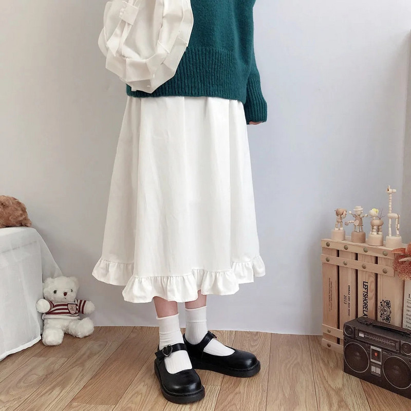 Kawaii fodros fehér hosszú szoknyák aranyos elegáns patchwork A-vonalú midi szoknya női nyári japán puha lány preppy stílus Lolita